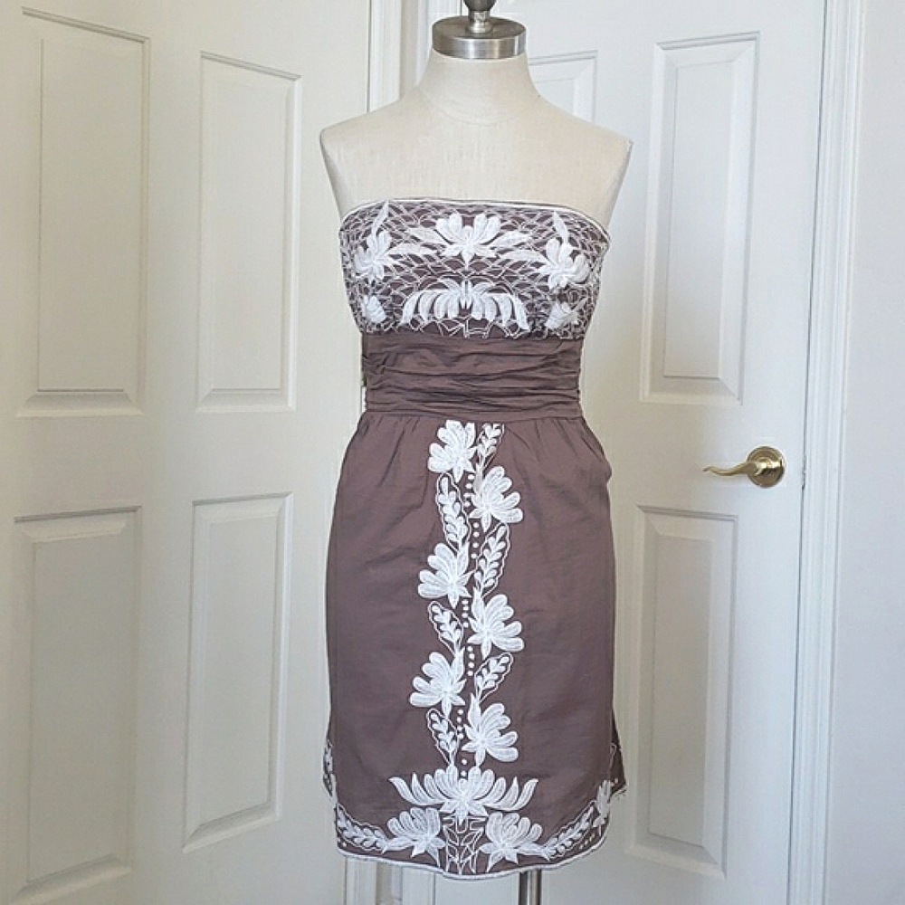 Anthropologie ARK & CO Strapless Dress Brown with Embroidered Detail